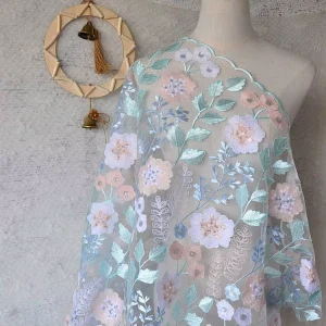 OEKO TEX Certified Blue Floral Lace Fabric with Sequin Embroidered Leaf Motifs for Wedding Dresses & Evening Gowns