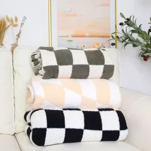 OEKO TEX Certified Eco-Friendly Checkered Knitted Throw Blanket 100% Polyester Hand-Knitted 50×60 Inches All-Season