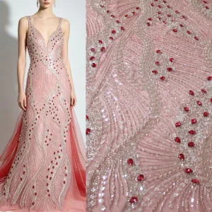 OEKO-TEX Certified Pink Mesh Lace Heavy Silver Bead and Red Stone Peacock Embroidery for Couture Formal Dress