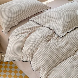 OEKO TEX Certified Soft Breathable Vintage Ruffled Gingham Washed Cotton Duvet Cover Queen Size Ruffle Bedding Set