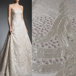 OEKO-TEX Certified Wave Pattern Tulle Lace Fabric With Pink Stone Bead Sequins Embroidery for Wedding Evening Gowns