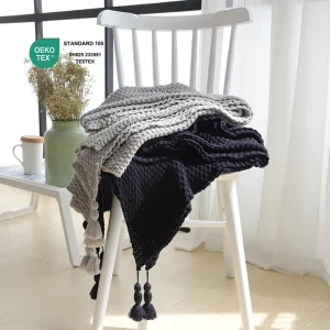 OEKO TEX Eco Friendly Super Soft Tassels Plain Knitted 100% Cotton Baby Blanket All Season Customizable for Bed