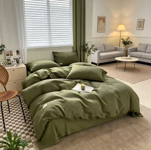 OEKO TEX Sage Green Waffle Pique Bedding Set Cooling Breathable Non Pilling for Hot Sleepers Bedroom Queen King Bulk