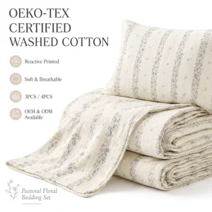 OEKO TEX Washed Cotton 400TC Home Bedding Set Pastoral Floral Reactive Printed 3PCS 4PCS Duvet Cover OEM ODM Hotel