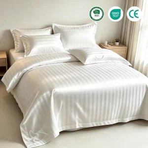 OEM 80% Cotton 20% Polyester Satin Stripe Hotel Duvet Cover Set White Soft Wrinkle Resistant Sheet Pillowcase for Hotel