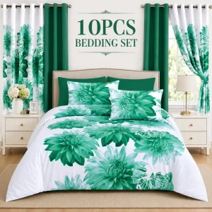 OEM Breathable Polyester 10 PC Flat Sheet Set With Curtains Queen King Size Printed Bedding Collection for Tropical Home Use