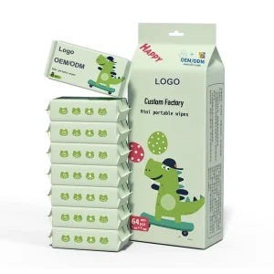 OEM Custom 64 Sheets pH Balanced Baby Wipes Soft Pure Water Baby Wet Tissues Cute Cat Packaging Hand and Mouth Cleaning Wipes