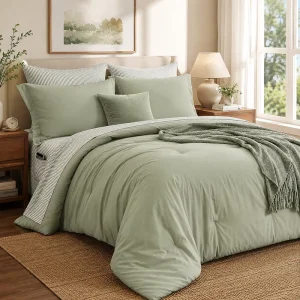 OEM Custom 7 Piece Bed in a Bag Comforter Set Sage Green Striped Microfiber Bedding with Sheets and Pillow Shams
