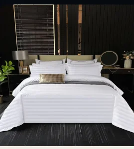 OEM Custom Logo Sheet Pillowcase Duvet Cover 240TC 60S 3cm Stripe Cotton Luxury Hotel Bedding Set for Resorts 5% Low Shrinkage