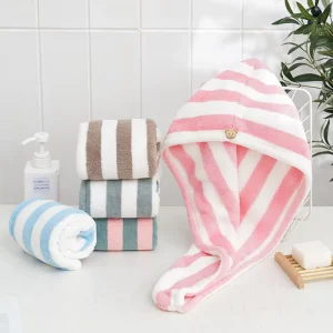 OEM Factory Thickened Coral Velvet Striped Soft Strong Absorbent Cationic Hair Drying Cap Quick Hair Towel for Home Travel Beach