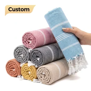 OEM Fully Customizable Turkish Style Cotton Linen Blend Beach Towel with Tassels Diamond Weave Striped Towel