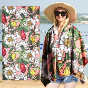 OEM ODM Beach Towel Cationic Pink Flower Print Terry Cloth Lightweight Luxury Adult Kids Swimming Bath Beach Towel