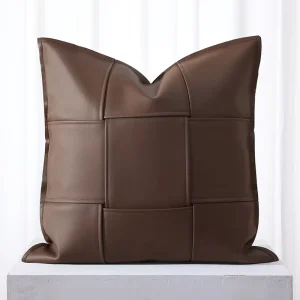 OEM ODM Coffee Color Geometric Spliced Leather Throw Pillow Covers Decorative Cushion Cases for Living Room Sofa Hotel Bedding