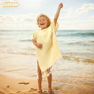 OEM ODM Customizable Turkish Children’s Cape Bathrobe Beach Towel Striped Woven Eco-friendly Polyester Cotton Logo