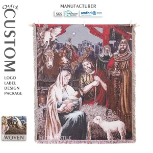 OEM&ODM Service Eco-Friendly Christmas Religious Tapestry Blanket Nativity Scene Couch Throw Fringe Edge Jacquard Woven