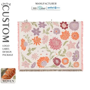 OEM&ODM Small Batch Orders Personalized Custom Floral Tapestry Woven Blanket Custom Jacquard Blanket with Logo Label Packaging