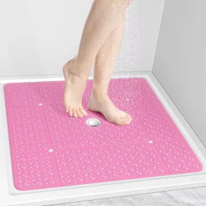 OTHWAY Foldable Bath Mat Square TPE 27 Inch Non Slip with Drain Holes Strong Suction Cups Bath Mat Washable and No Smell