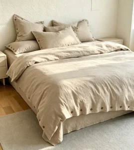Oatmeal Button Closure Duvet Cover Set 100% French Linen Bedding Set Natural Washed Texture Bed Sheet Set