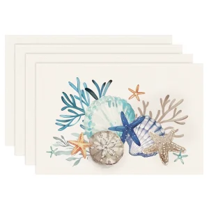 Ocean Coastal Placemat Set of 4 12×18 Inch Beach Coral Summer Linen Placemats Washable Place Mats for Kitchen Dining Decoration