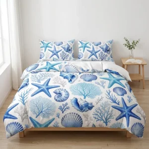 Ocean Starfish & Seashell Digital Printed Bedding Set 3PCS Coastal Nautical Duvet Cover Set with Pillowcases