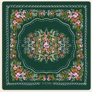 Odorless Vintage Botanical American Mahjong Mat Dark Green Floral Wreath Print Non Slip Rubber Pad Foldable Custom Design