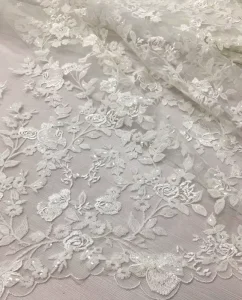Offwhite Embroidered Fancy Sequin Lace Tulle Fabric for Wedding Dresses Bags Shoes Polyester Cotton Lightweight Tear Resistant