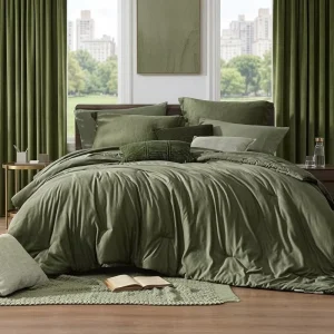Olive Cationic Dyed Reversible Bedding Set 7 Pieces OEM Soft Comforter Set for Guestroom