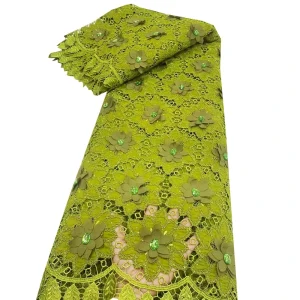 Olive Green 3D Flower Stone Embroidered Lace Fabric Chiffon Applique Hollow Cutwork Lace Nigerian Wedding Garment Material