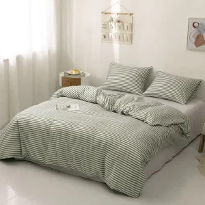 Olive Green White Striped Brushed 3 Piece Duvet Cover Set Plush Cozy Polyester Bedding Fade Resistant Bed Linens