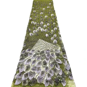 Olive Purple Beads Peacock Feather Mesh Lace Fabric for Wedding Gown Formal Occasion Women Party Dress