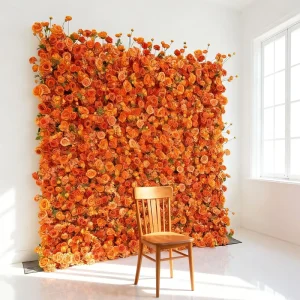 Orange Flower Wall for Wedding Decoration Fabric Back White Pink Orchid Peony Rustic Silk Artificial Flowers Rolled up Wall
