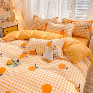 Orange Grid Bedding Duvet Cover Set Student Dorm Microfiber 3PCS 4PCS Bedding Set