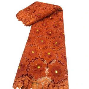 Orange Luxury Rhinestone Chiffon Embroidery Lace Stone Fabric Cutwork Embroidery Lace African Ceremony Evening Dress Material