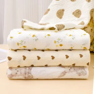 Organic Cotton Baby Blanket with Bear Print Breathable Muslin Swaddle for Kids’ Bedding Price