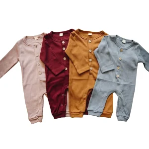 Organic Cotton Ribbed Baby Romper Thermal Knit Baby Jumpsuit Custom Newborn Sleep Suits Solid Color Eco Friendly Baby Clothes