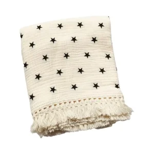 Organic Cotton Soft Warm Woven Lace for Newborn Baby Muslin Blanket With Tassels