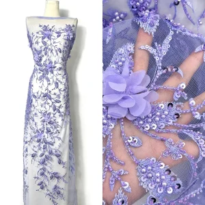 Organic Eco Friendly Purple Lilac Beaded Tube 3D Lace Embroidery Sequin Lace Fabric for Evening Dress