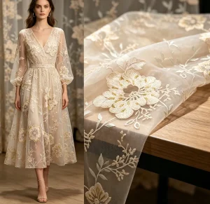 Organza Woven Heavyweight Mesh Fabric Embroidered Large scale Flowers Leaves Sequins Blooms for Wedding Garment Home Textile