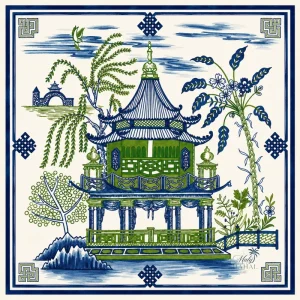 Oriental Pavilion Landscape Mahjong Mat Blue Green Chinoiserie Print Square Anti Slip Game Table Pad