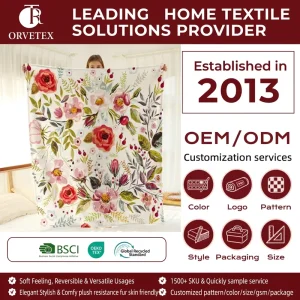 Orvetex 100% Polyester Custom Color Digital Printed Throw Flannel Blanket for Bedroom and Office