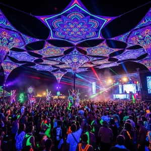 Outdoor Fluorescent Canopy Psytrance Party Outdoor Decoration Polyester UV Tapestry Psychedelic Backdrops Festival UV Tapestry