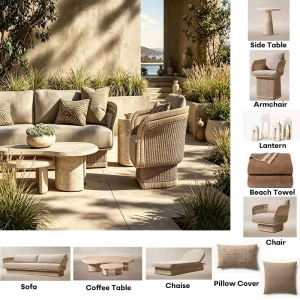 Outdoor Furniture Garden Cushioned Sofa Round Side Table Stone Nesting Coffee Table Adjustable Chaise Lounge Chair Set