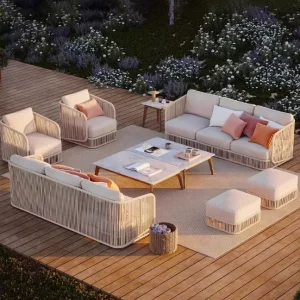 Outdoor Rope Weaving Sofa Set Light Beige Cushions Terracotta Pillows Weather Resistant Patio Furniture for Garden Patio