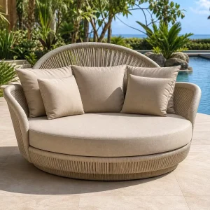 Outdoor Round Wicker Lounge Sofa PE Rattan Daybed with Cushions for Pool Garden Patio Furniture