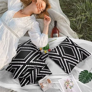 Outdoor Waterproof Polyester Blend Throw Pillow Covers Black White Geometric Zipper Closure Modern Boho