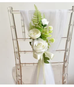 Outdoor Wedding Artificial Flower with Tulle Silk Chair Back Covers Leaning Sashes Decoration Dsc009