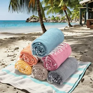 Over-Sized Turkish Cotton Beach Towels Soft Quick Dry Sand-Free with Striped Tropical Style