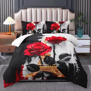 Paris Eiffel Tower Red Rose Floral Comforter Set Modern Bedding Set All Season Full Queen King Size