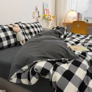 Pastel Fresh Washed 100% Polyester Fibre Geometric Sanding Comforter Set Japanese Korean Style 4 Pcs All Season Bedding Set for