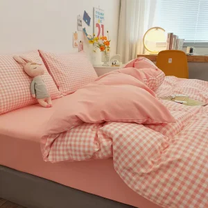 Pastel Fresh Washed 100% Polyester Fibre Geometric Sanding Comforter Set Japanese Korean Style 4 Pcs All Season Bedding Set for